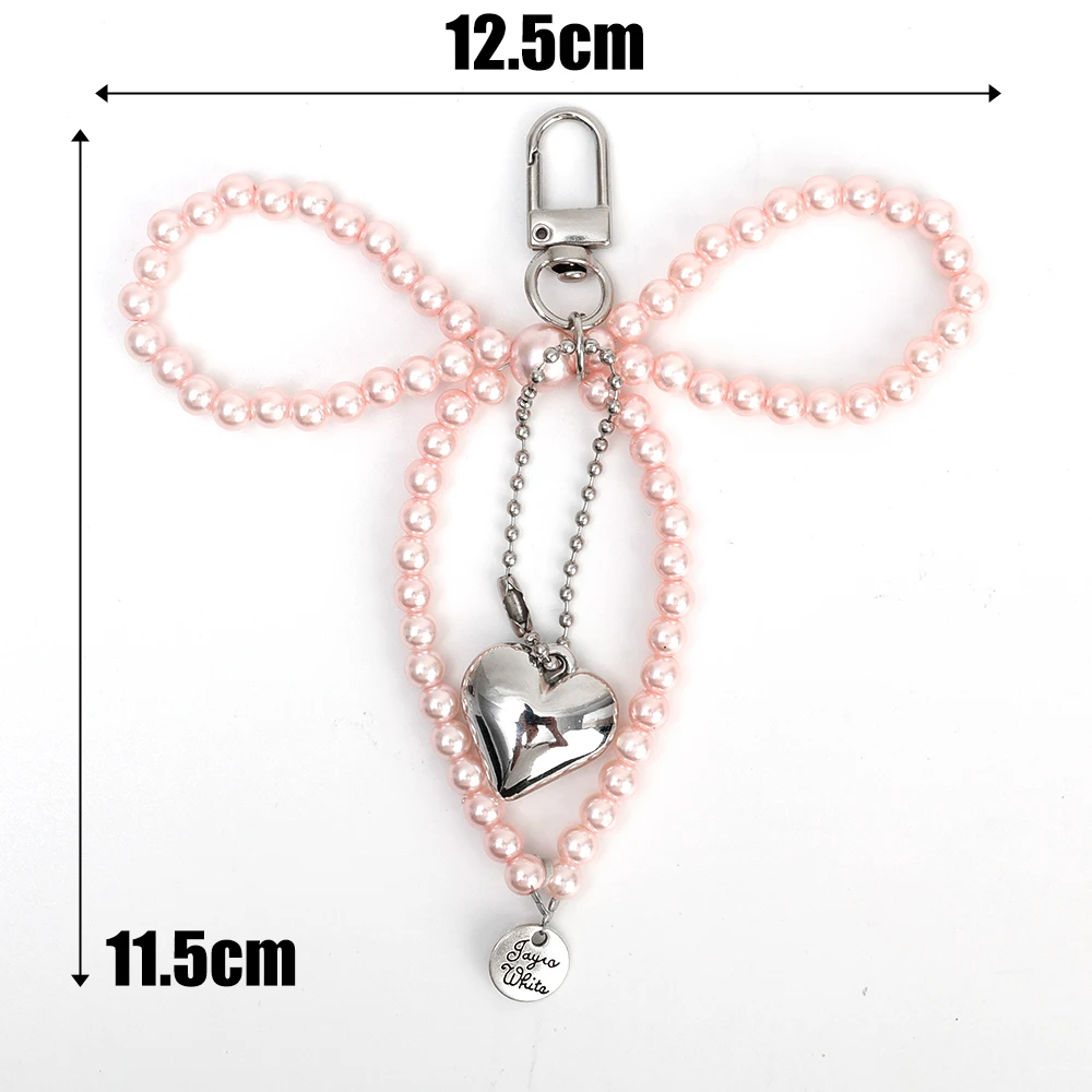 LLavero con forma de corazón y lazo de perlas, mochilas, llavero con forma de corazón con lazo, accesorios colgantes DIY para bolso, teléfonos móviles universales: Plata / Gris