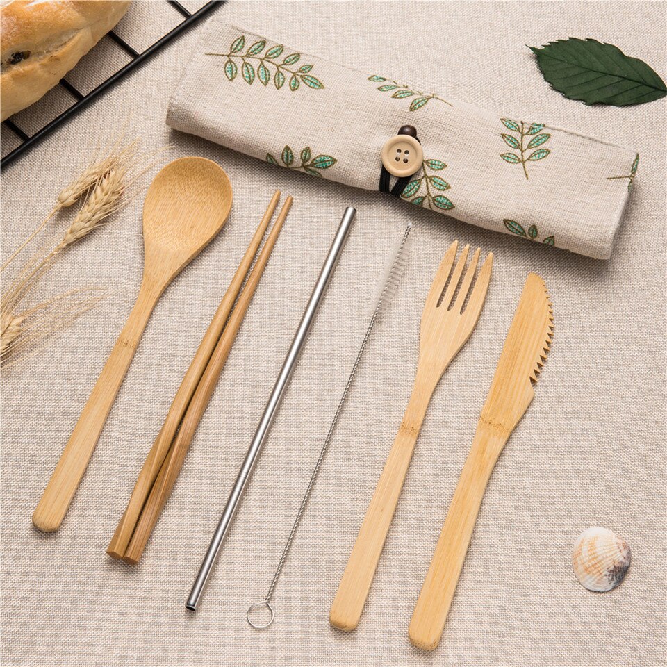 Draagbare Bestek Set Houten Bestek Vork Lepel Mes Tandenborstel Eetstokjes Bamboe Stro met Bestek Zak voor Reizen Picknick Set: 6pB