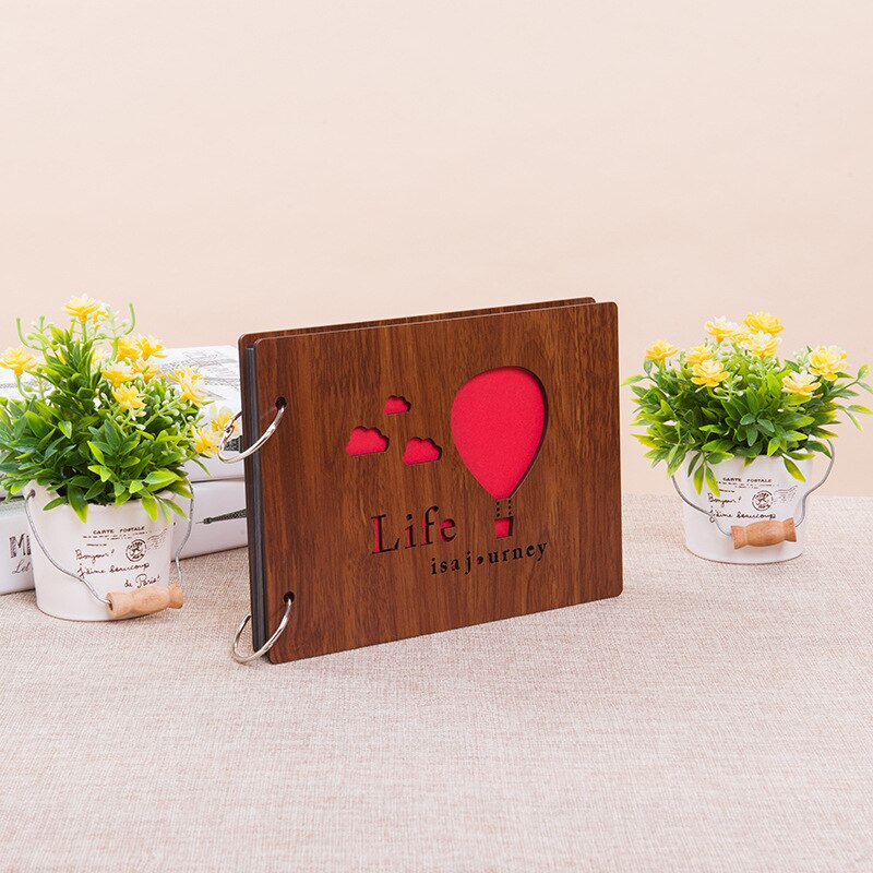 8 inch fotoalbum met houten omslag, liefdesherdenkingskaart, handgemaakt, losbladig houtsnijwerk, geplakt, doe-het-zelf plakboek, zwart vel, trouwalbum: Heteluchtballon