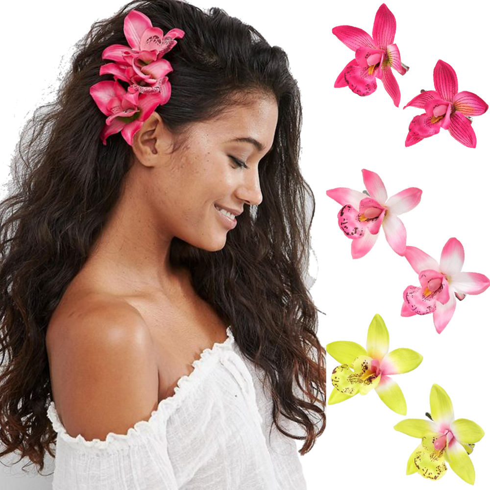 Horquillas de orquídeas simuladas, pinza para el pelo de flor blanca y rosa para mujer, horquilla para foto de playa de viaje de verano, Clip LATERAL, tocados de