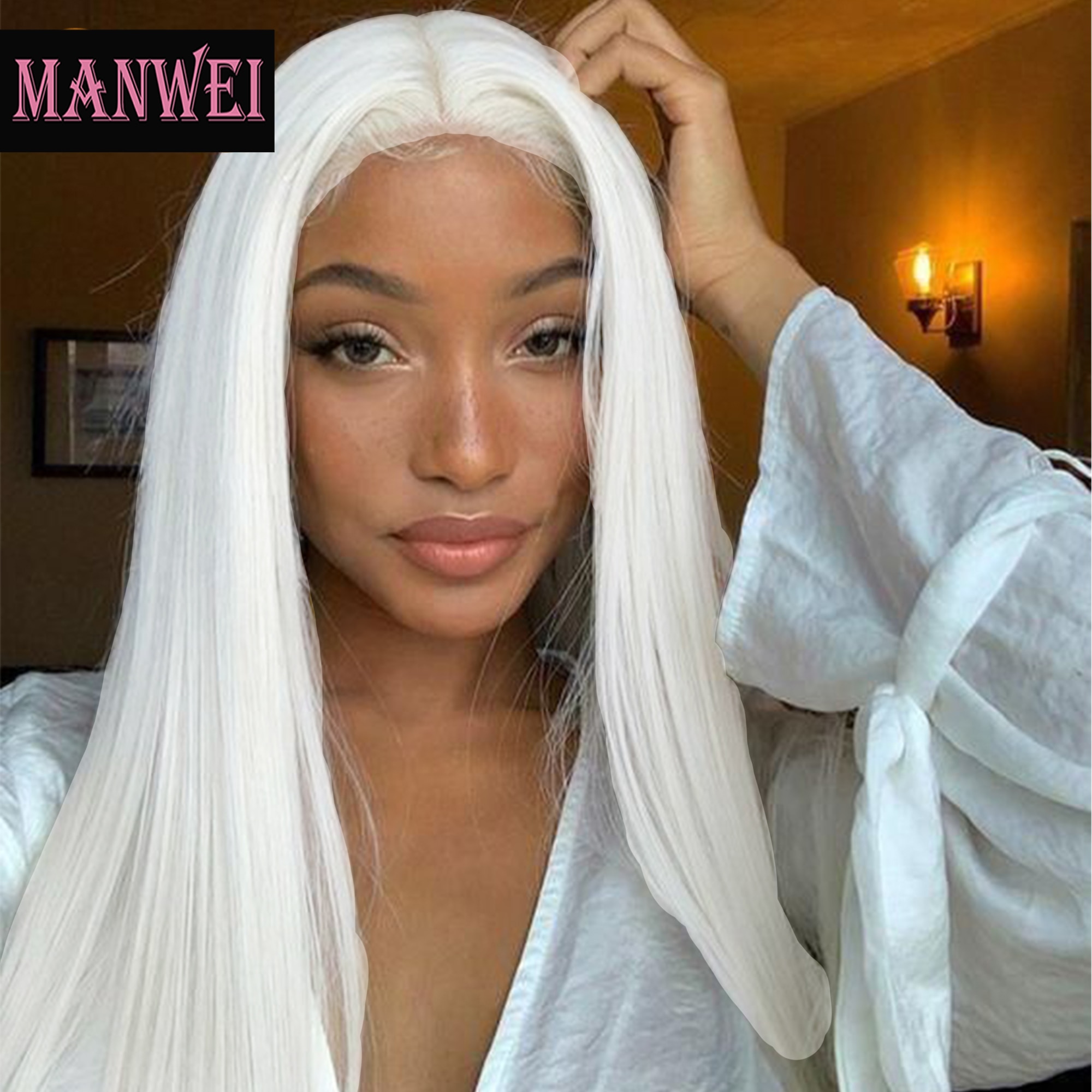 Manwei Dagelijks Imitatie Make Wit Synthetische Natuurlijke Haarkant Lange Rechte Cosplay Pruik Zilver Witte Pruik