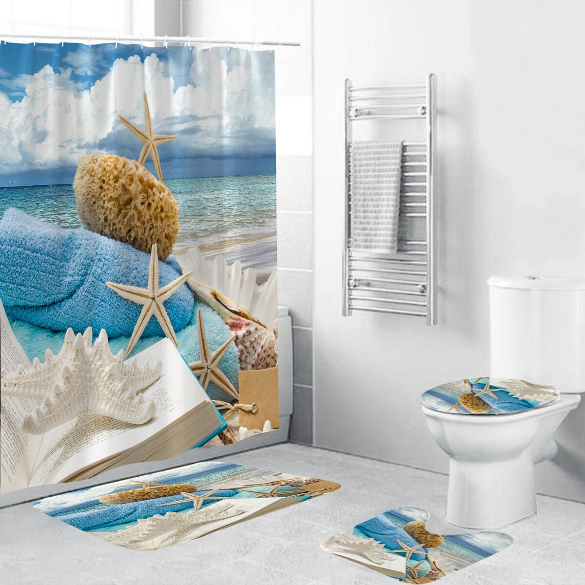 Coastal Strand Landschap Gedrukt Patroon Douchegordijn Voetstuk Tapijt Deksel Wc Cover Mat Badmat Set Badkamer Gordijnen Met Haken: D 4PCS