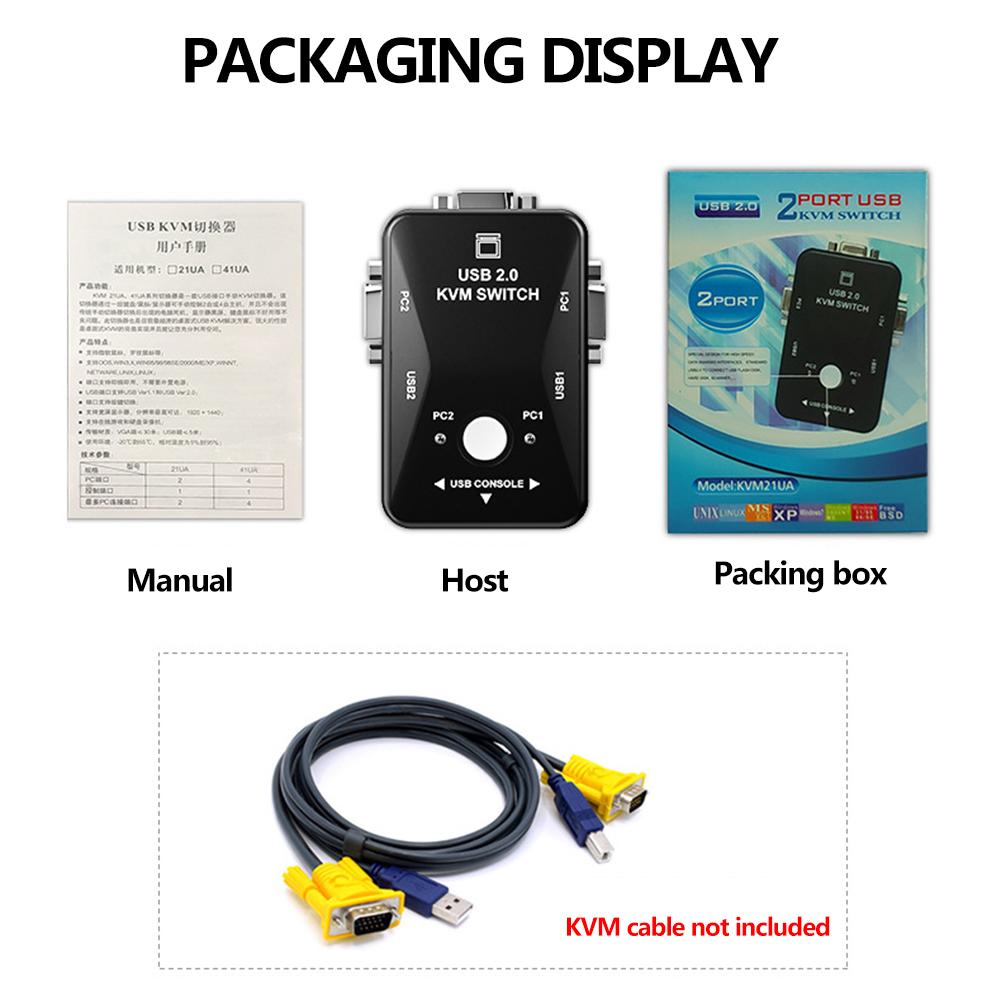 2 IN 1 USB KVM Switch Box with 2 Ports VGA Out Manual Switcher for Computer PC Laptop Monitor Keyboard Mouse Control