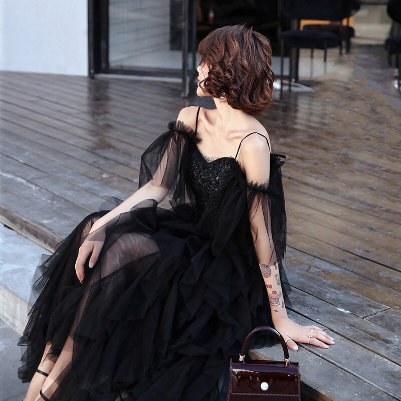 Very fairy evening dress summer slings Sen fairy female birthday party temperament dress S-2XL: Black / XXL