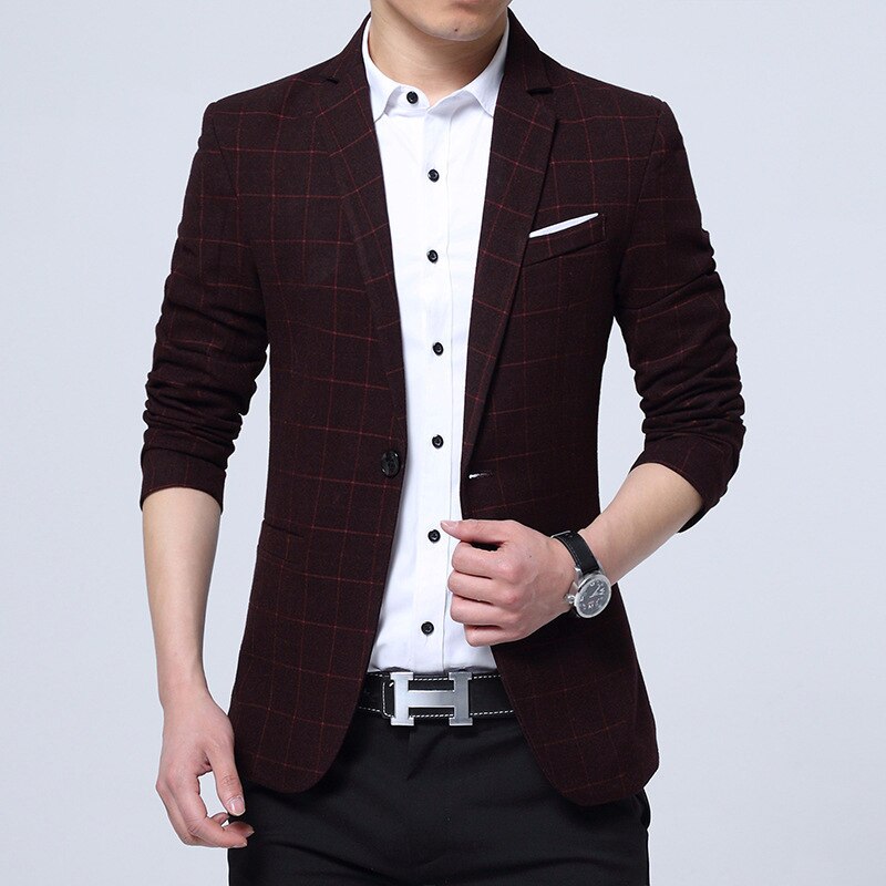 Men's Casual Suit Slim Business Jacket Men Casual Single Button Mens Suits Blazer Coat: Wine red / XXXL