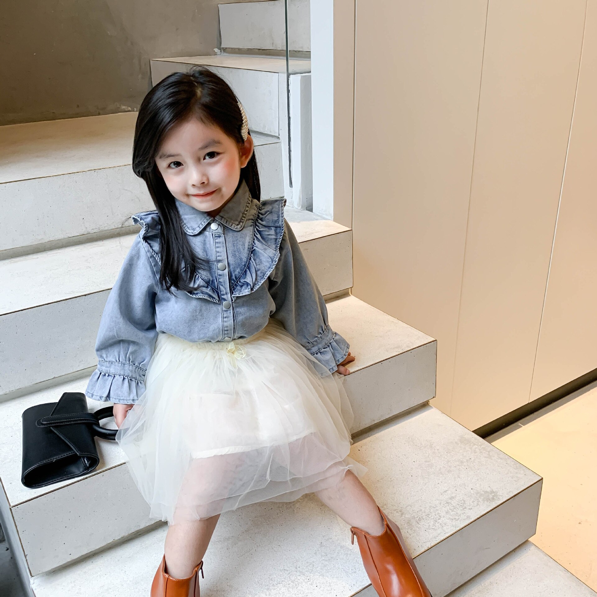 Autumn Girls Long Sleeve Blouses Kids Denim Falbala Blouses