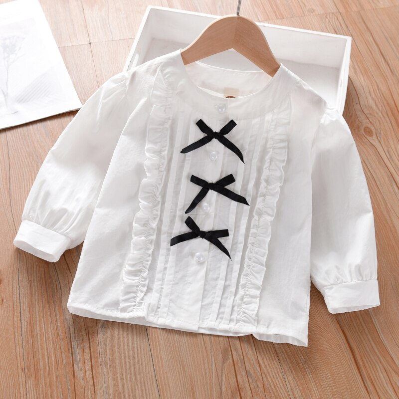 Shirts for Little Girls White Blouse+red Black Plaid Skirt Preppy Style Classic Children Clothes Retro Ruched Blouse Tops