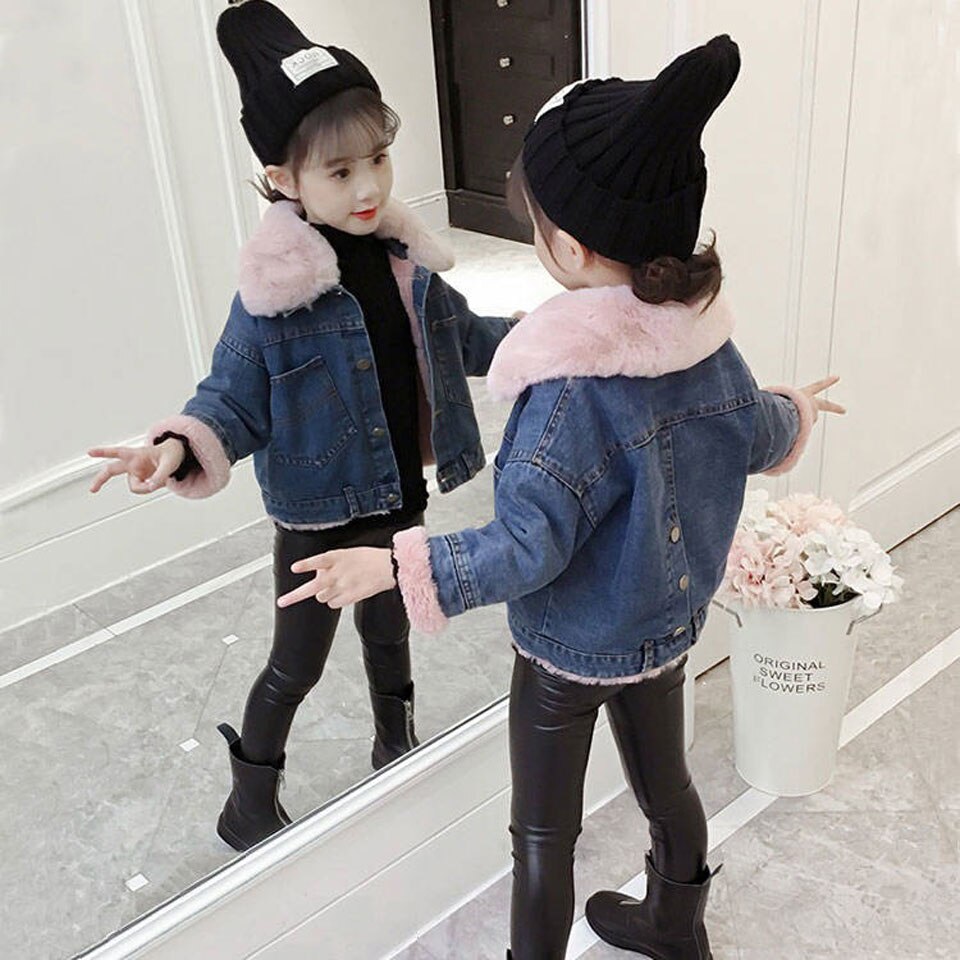4-12 Years Old Kids Wear Winter Coat Boys Lambs Wool Denim Jacket Children Boy Girl Plus Cashmere Jeans Jackets Coats
