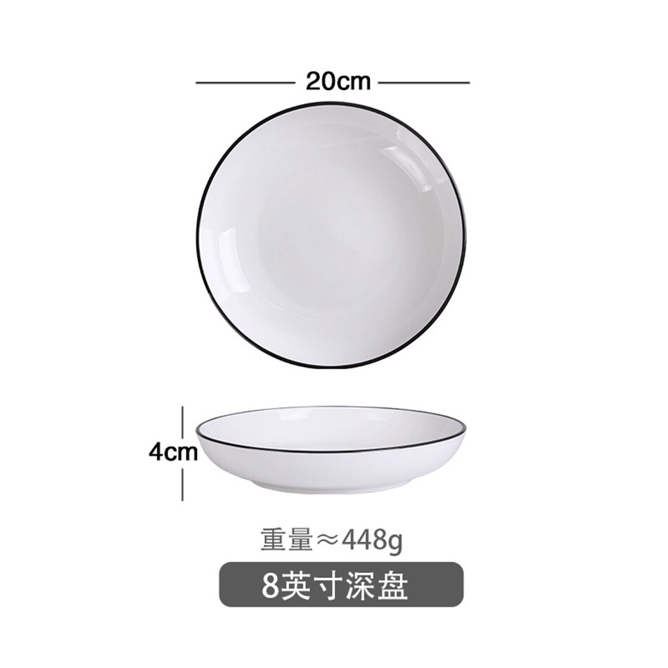 Europese stijl keramische serviesset borden eenvoudig zwarte rand zwarte lijn servies kommen en schalen restaurant diner: 8 inch  a2