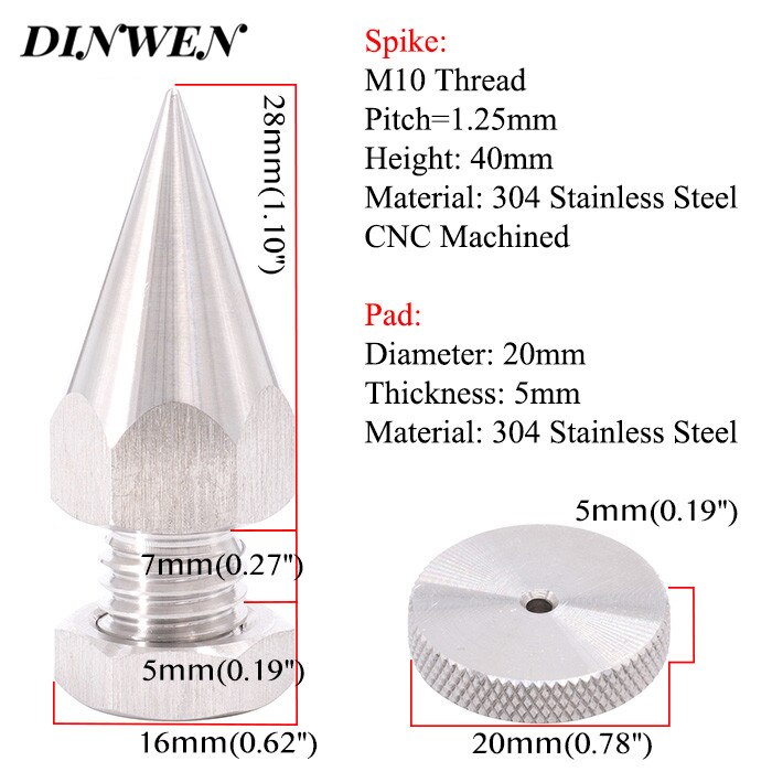 304 Stainless Steel Speaker Spike M6 M8 M10 Thread AMP Studio Monitor Turntable Pad 40mm Instrument Isolation Stand Cone Foot: M10 Thread