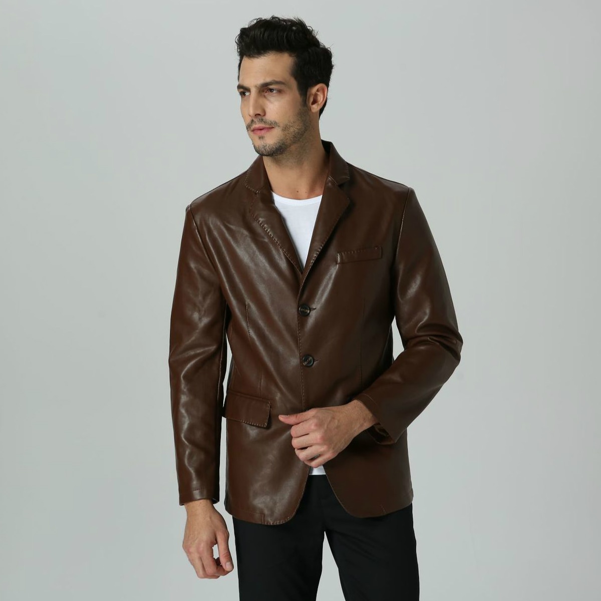 Brun imiteret læder blazer casual business pu læder slim fit plus size jakkesæt til drenge langærmet mandlig jakkesæt blazer: Brun / M