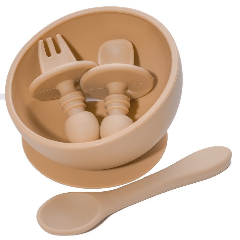 4 stk sæt baby bordservice børns bærbare mini gaffel ske lille skål plade og silikone ske børn: Abrikos