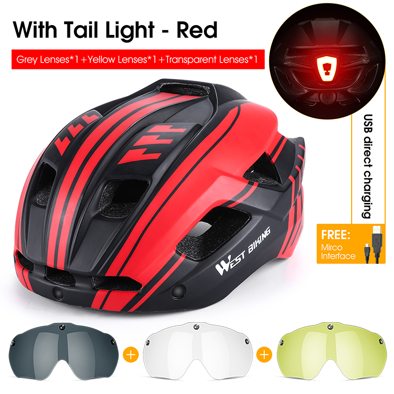 WEST BIKING-casco de ciclismo para hombre y mujer, gafas con luz trasera, visera para el sol, casco para bicicleta de montaña y carretera, gorra segura para motocicleta: Rojo