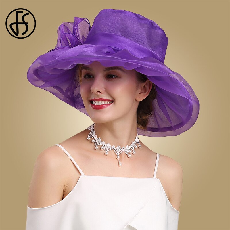 Sombreros de Organza de ala ancha para mujer, sombreros para la Iglesia, sombreros para el sol con flores grandes, plegables, color blanco y rosa, color púrpura