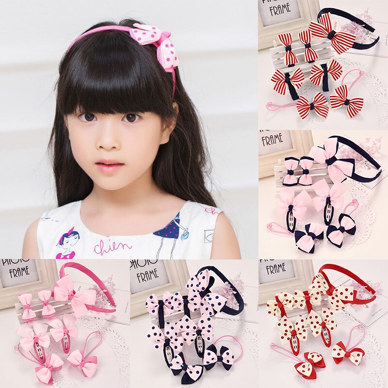 7 teile/satz Kinder Haar Clip Set für Geburtstag Streifen Dots Muster Haarnadeln Nette Haar Seil Mädchen Headwear Haar Zubehör set