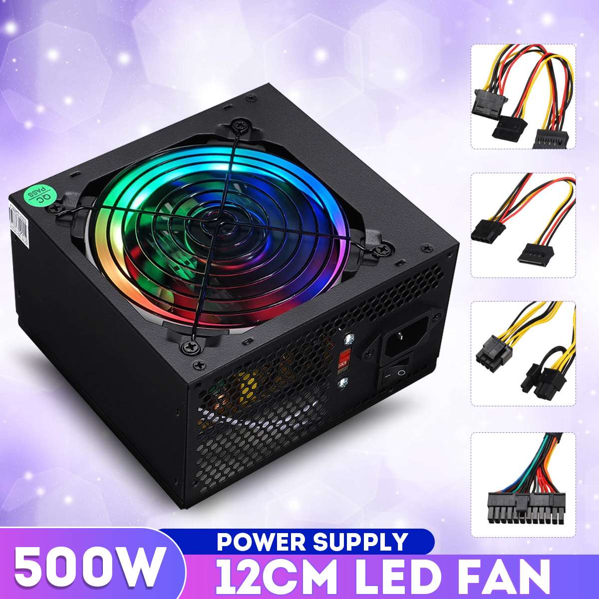 500W Computer Voeding Atx 12V Gaming Psu Multicolor Led Rgb Fan 24 Pin