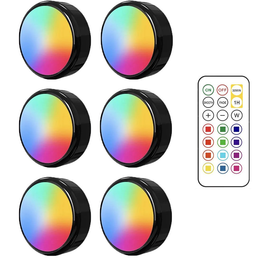 RGBW LED Puck luces nocturnas Control remoto regulable debajo del gabinete luz con pilas lámpara de empuje inalámbrica armario de cocina: Amarillo claro