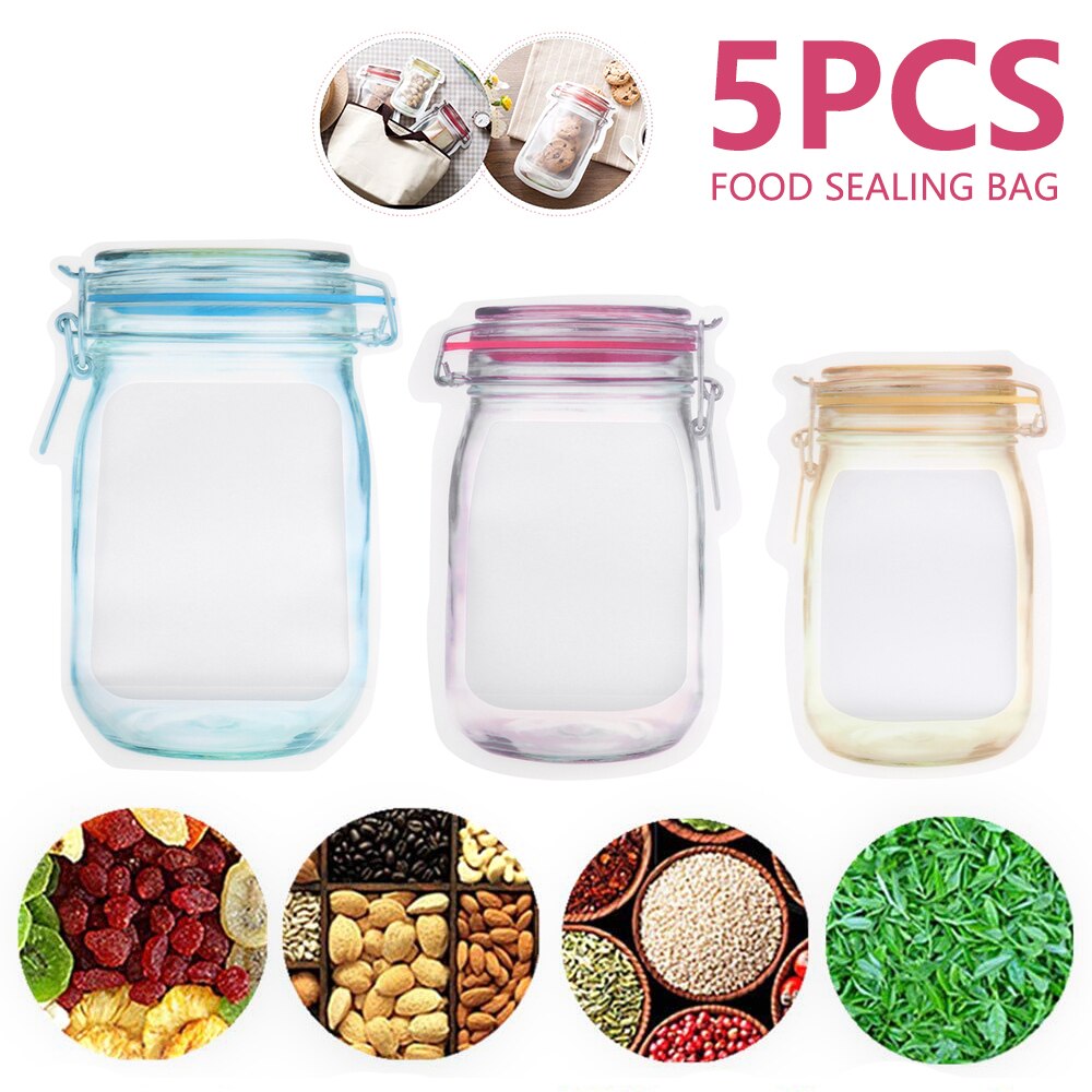 5pcs Reusable Mason Jar Bottles Bags Nuts Candy Cookies Bag Seal Fresh Food Storage Bag Snacks Zipper Sealed Kitchen Organizer