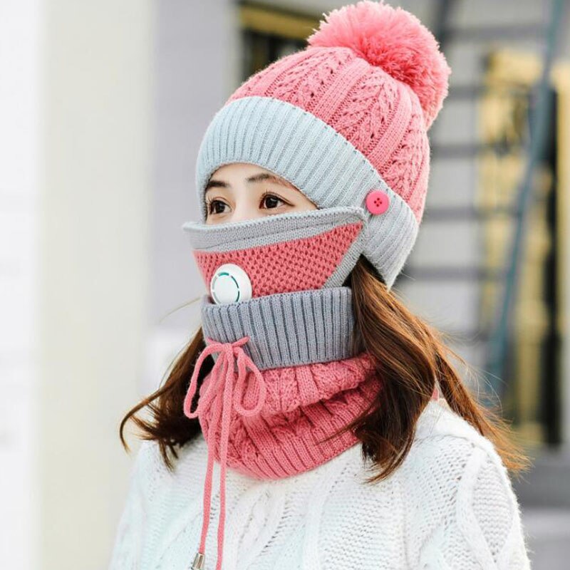 Winter Hoed & Sjaal & Masker Voor Vrouwen Warm Mutsen Ademen Sjaal Pompoms Gebreide Caps En Sjaal Masker 3 stuks/set