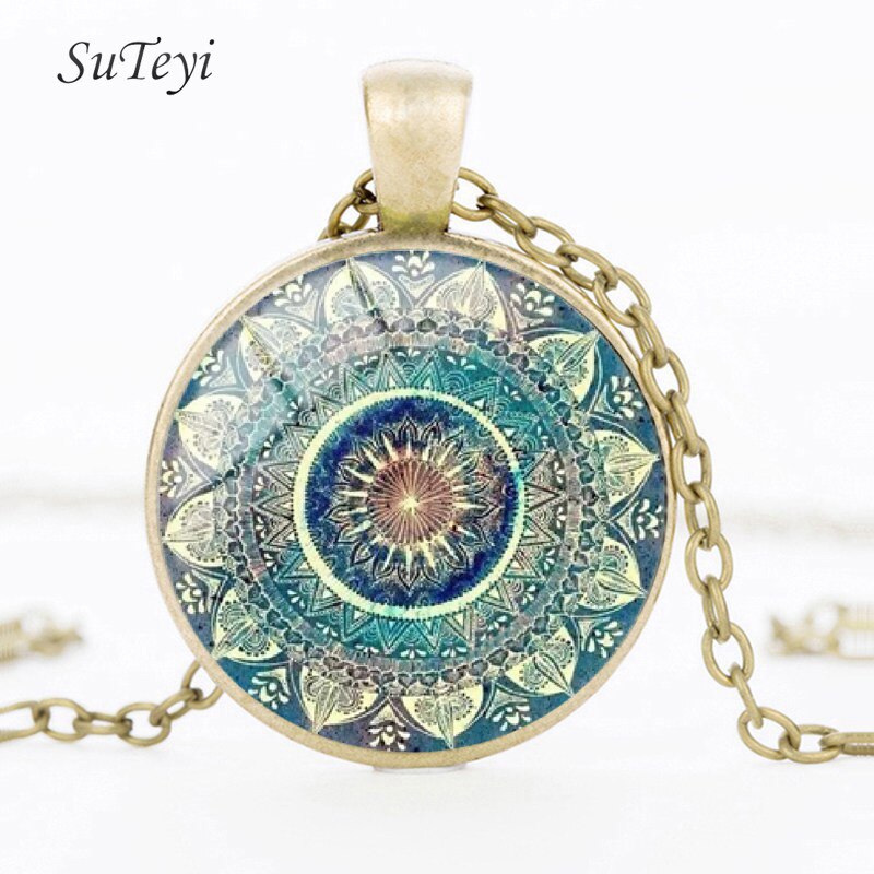 Collana Mandala verde Vintage collana con pendente in vetro di loto con geometria sacra retrò per donna uomo gioielli Boho
