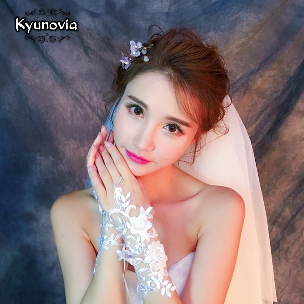 Kyunovia najlepszy ślub białe krótkie rękawiczki bez palców eleganckie perły wieczorowe rękawiczki ślubne rękawiczki ślubne D78