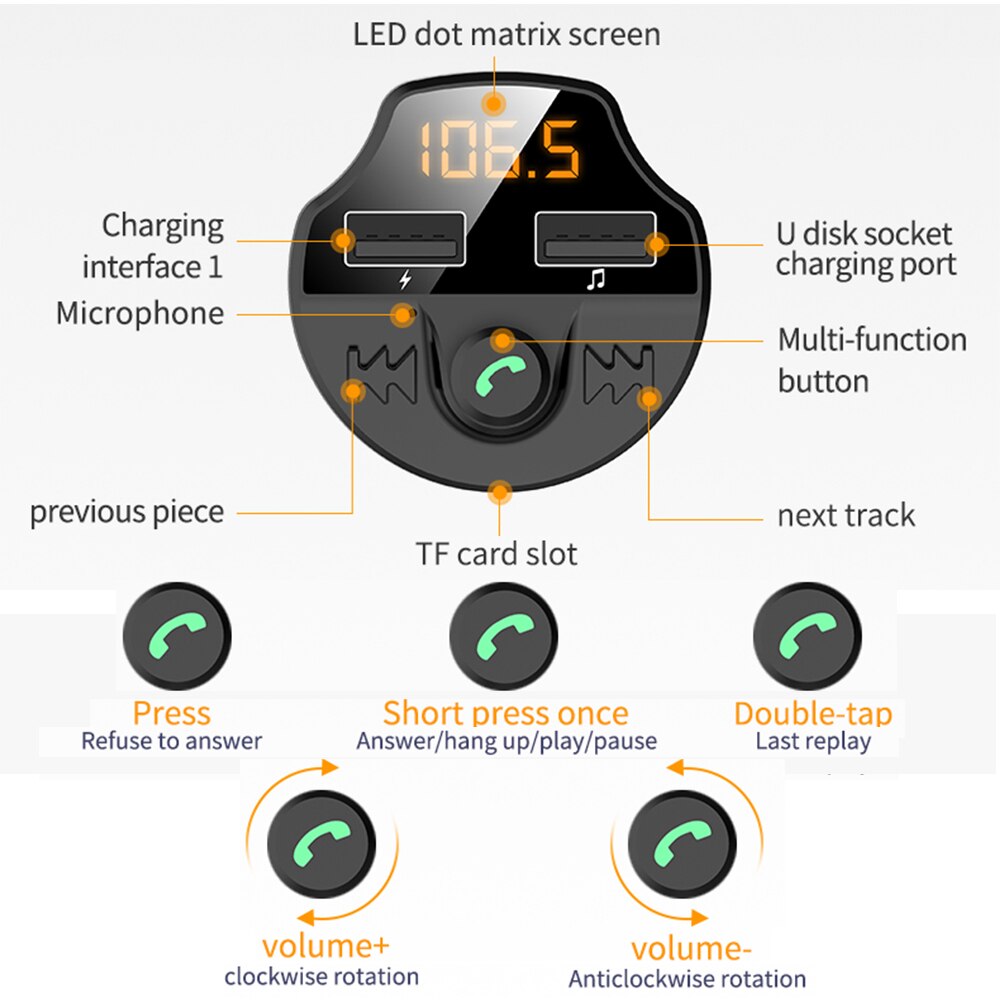 Transmetteur de voiture Bluetooth 5.0 voiture lecteur Mp3 modulateur adaptateur batterie tension TF carte mains libres double USB Smart T66