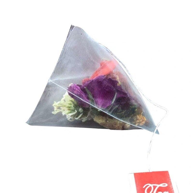 100PCS Pyramid Tea Bag Filter Nylon Tea Bag Single String Label Transparent Empt 95AA