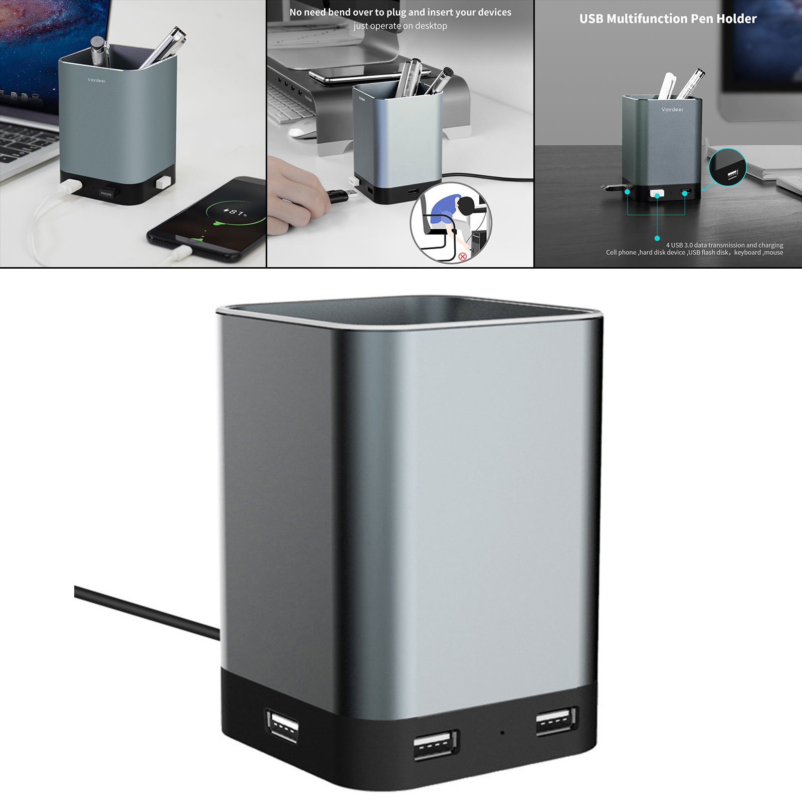 Pen Pencil Holder Multifunctional 4 Built-in USB Charging Ports Pen Container for School Desk Supplies