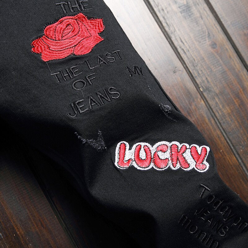 Pantalones vaqueros bordados para hombre, jeans elásticos, negros, dibujos animados, letras, bordados, nuevas tendencias,