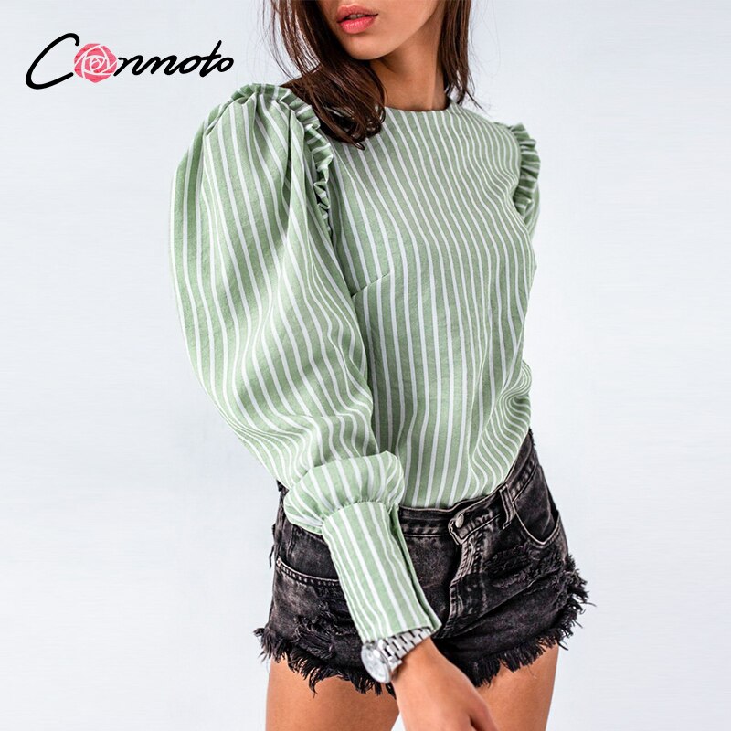 Conmoto lysegrøn efterår vinter kvinder bluse vintage office lady puff langærmet top kausal stripe flæse bluse