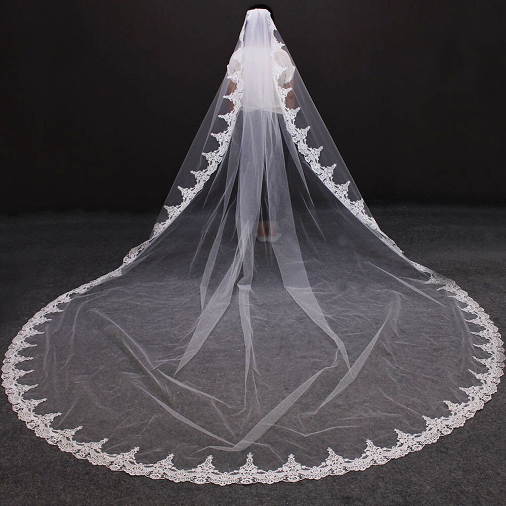 Lange Kant Wedding Veil Met Kam 4 Meter Ivoor Kleur Bruidssluier 400 Cm Een Laag Veil Voor Bruid Bruiloft accessoires