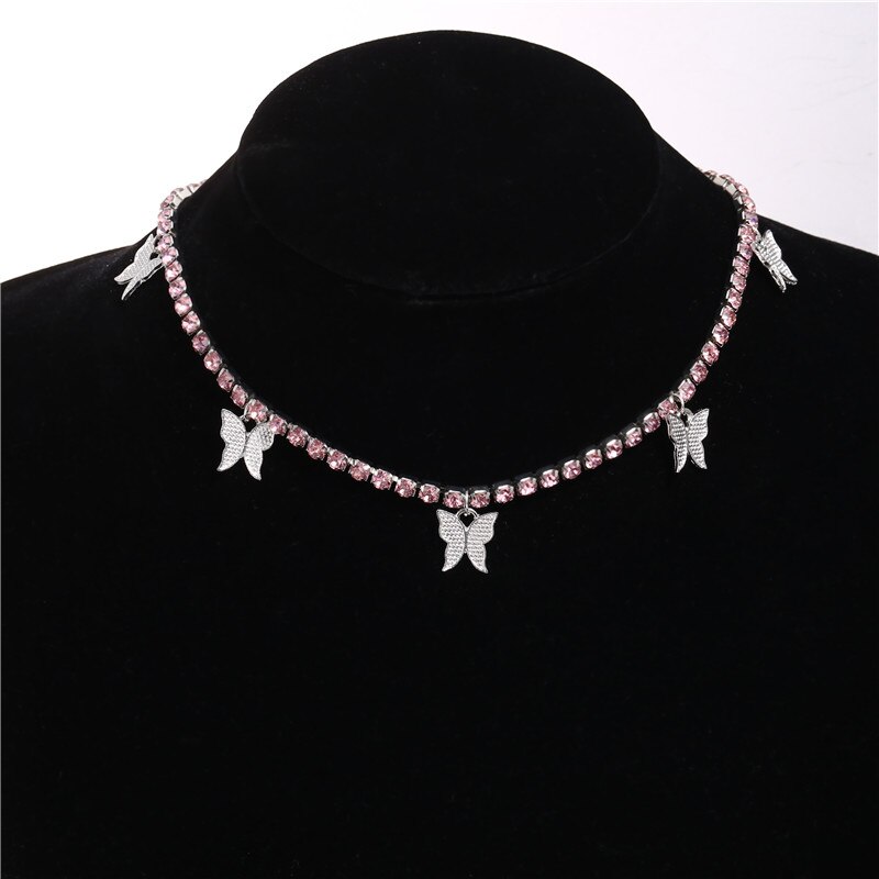 17KM glänzend Rosa Kristall Schmetterling Anhänger Halskette Für Frauen Gold Silber Farbe Strass Halsband Partei Schmuck: CS5138804