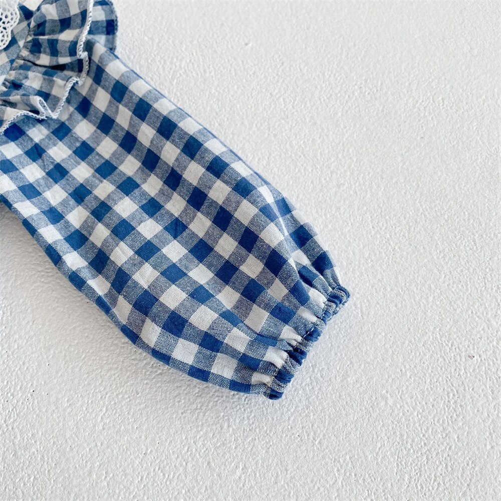 Abbigliamento estivo per neonati neonato colletto per bambole in pizzo pagliaccetto moda Plaid pagliaccetto a maniche lunghe tuta in lino di cotone 0-2Y