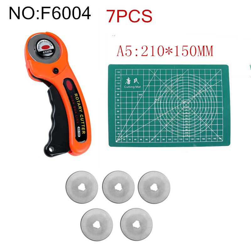 45mm Rotary Cutter, Soft Grip Comfort Loop Handle Roller Knife Self Healing Cutting Mat Set for Patch Work Sewing DIY Accessory: F6004 7PCS A5