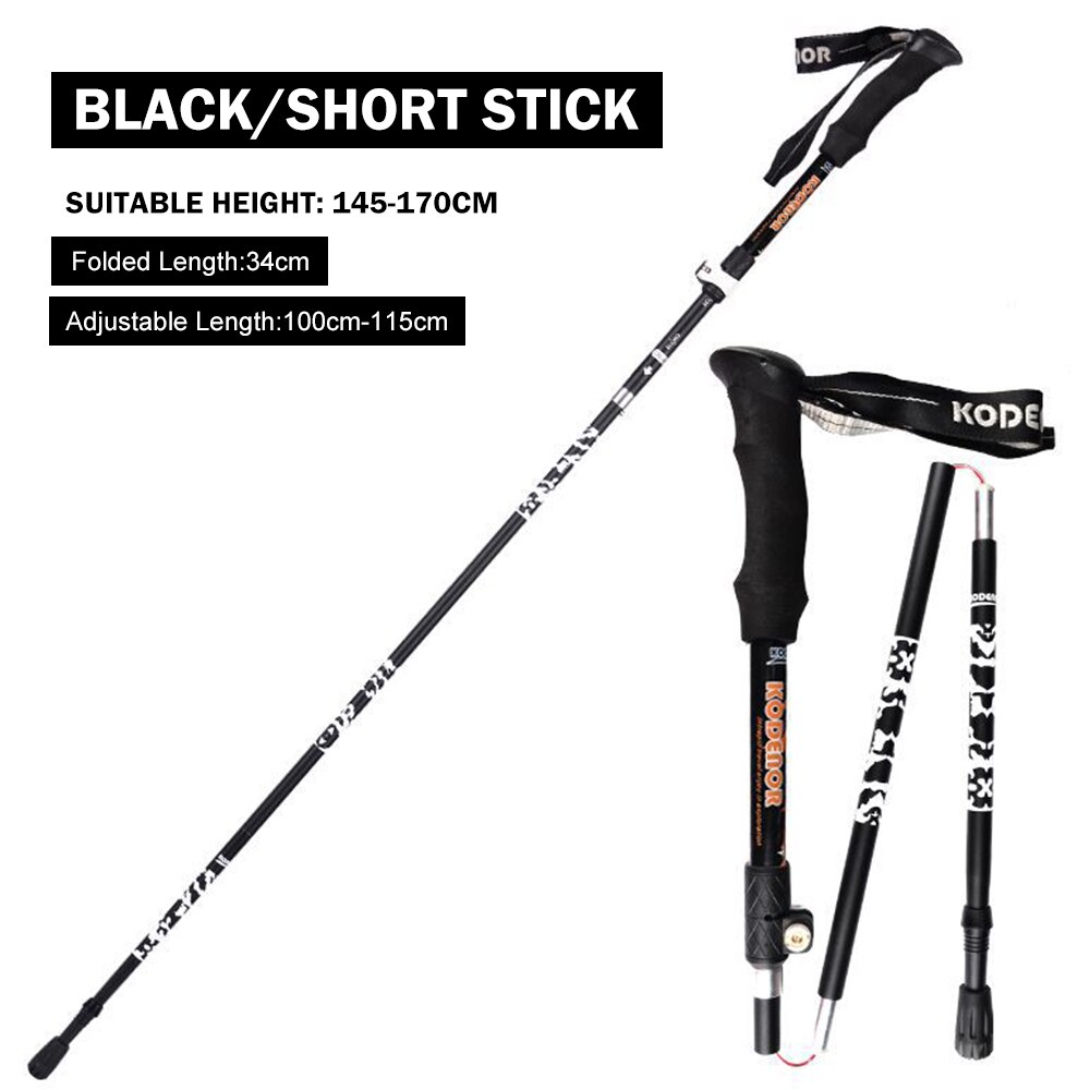 Sammenklappelig trekking stang stød vandring gå trekkingstænger pindjuster stokke 5- sektioner teleskopiske vandrestokke: Sort 100-115cm