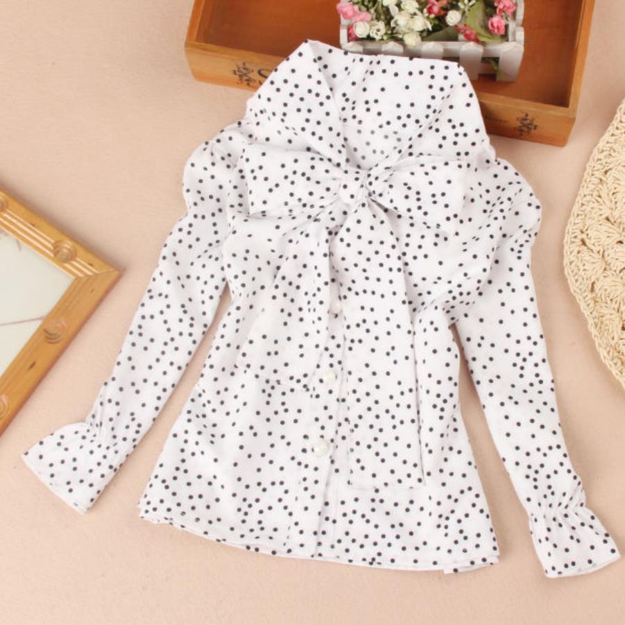 Baby tiener schoolmeisjes chiffon blouse stippen strik kinderen lange mouwen print meisjes shirts kinderen tops shirt: Wit / 120cm