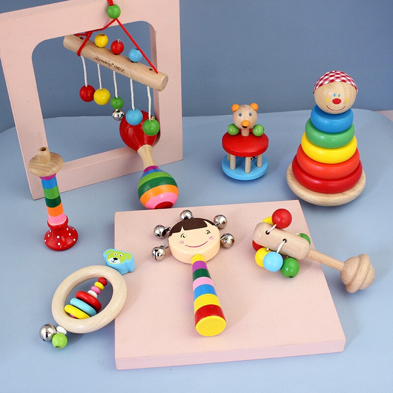 Baby Rammelaar Natuurlijke Veilige Materialen Houten Kleurrijke Rammelaar Hand Rammelaar Houten Tand Speelgoed Baby Bijtring Baby Cadeau Speelgoed