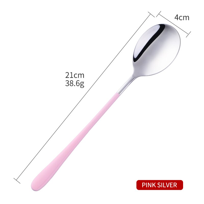 1PCS Korea Spoon Stainless Steel Soup Spoon Long Handle Gold Dessert Spoons Round Dinner Spoon Set Tableware Set: Pink Silver