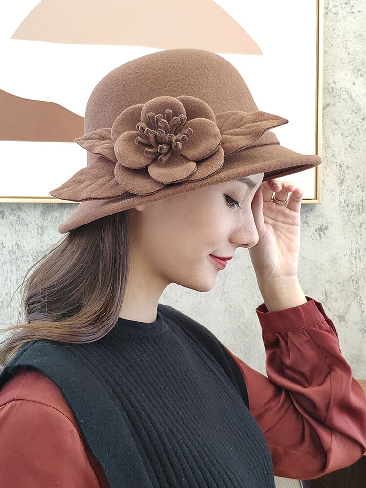 Chapeau Fedora en laine pour femmes, chapeau seau à fleurs texturées, , en forme de dôme, à la , automne hiver