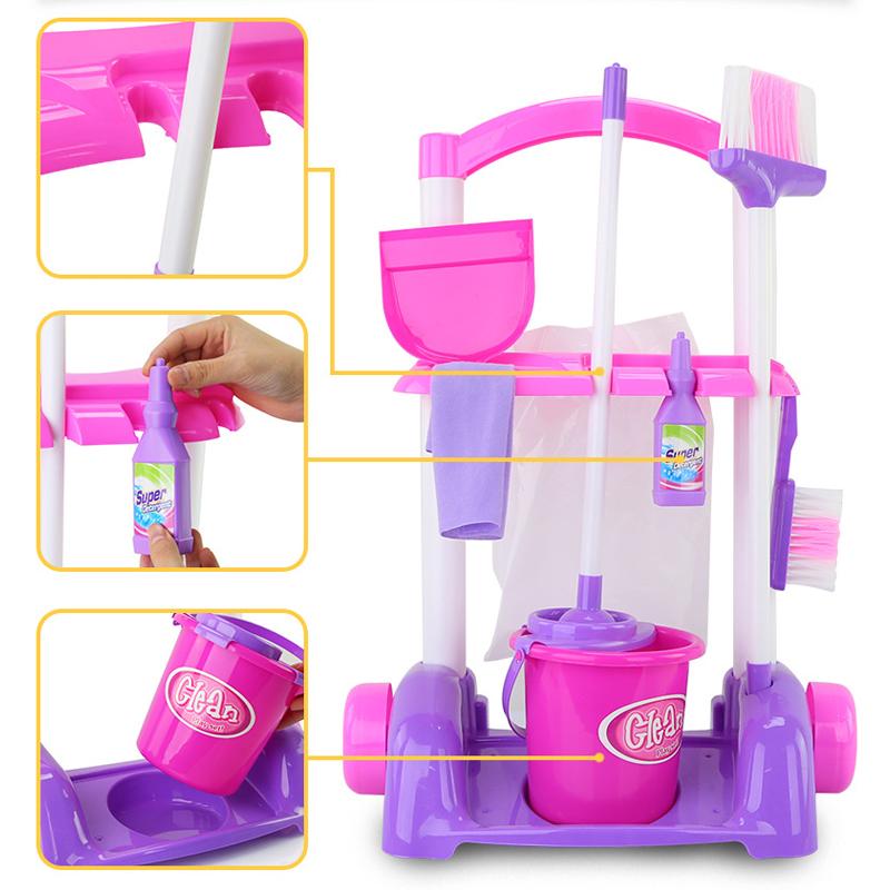 Children Kids Pretend Play Housekeeping Toys Simulation Cleaning Tools Kit Sweeping Mop Brush Trolley Cleaning Toys Set