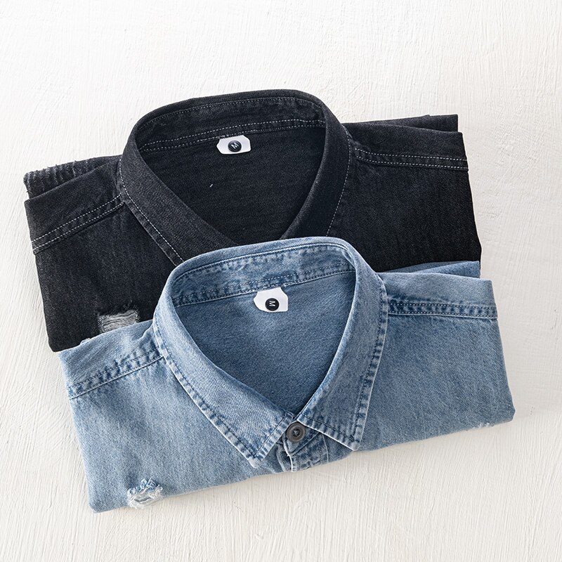 Ripped Denim Shirt for Men Turn-down Collar Cotton Vintage Tops Male Double Pocket Decoration Cowboy Clothes
