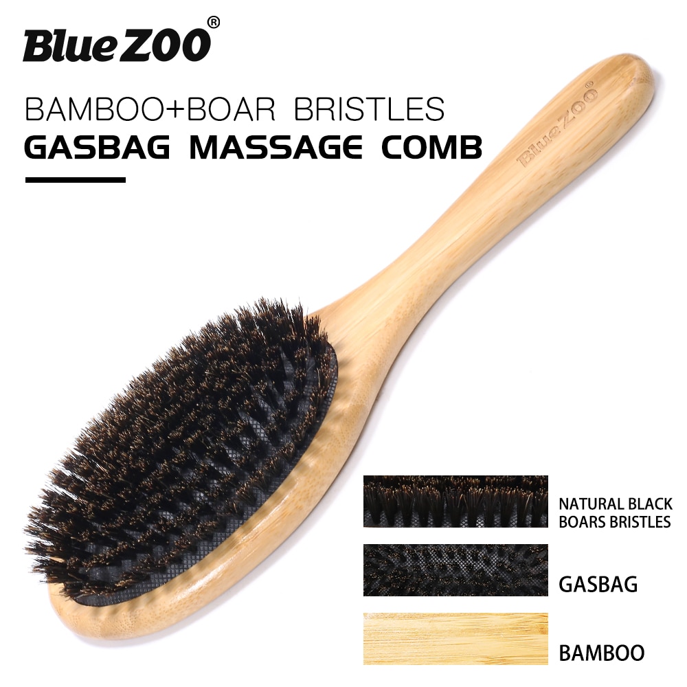 Blauw DIERENTUIN Natuurlijke Bamboe Haar Borstel-Bamboe zwart beervarkenshaar Gasbag Massage Kam Verbeteren Haargroei-Voorkomen Haar verlies