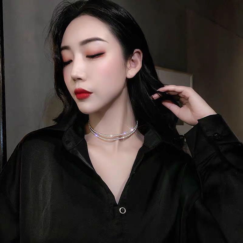 Korean einfache Strass frauen doppel halsketten erklärung luxus ausschnitt Kristall Halskette Party