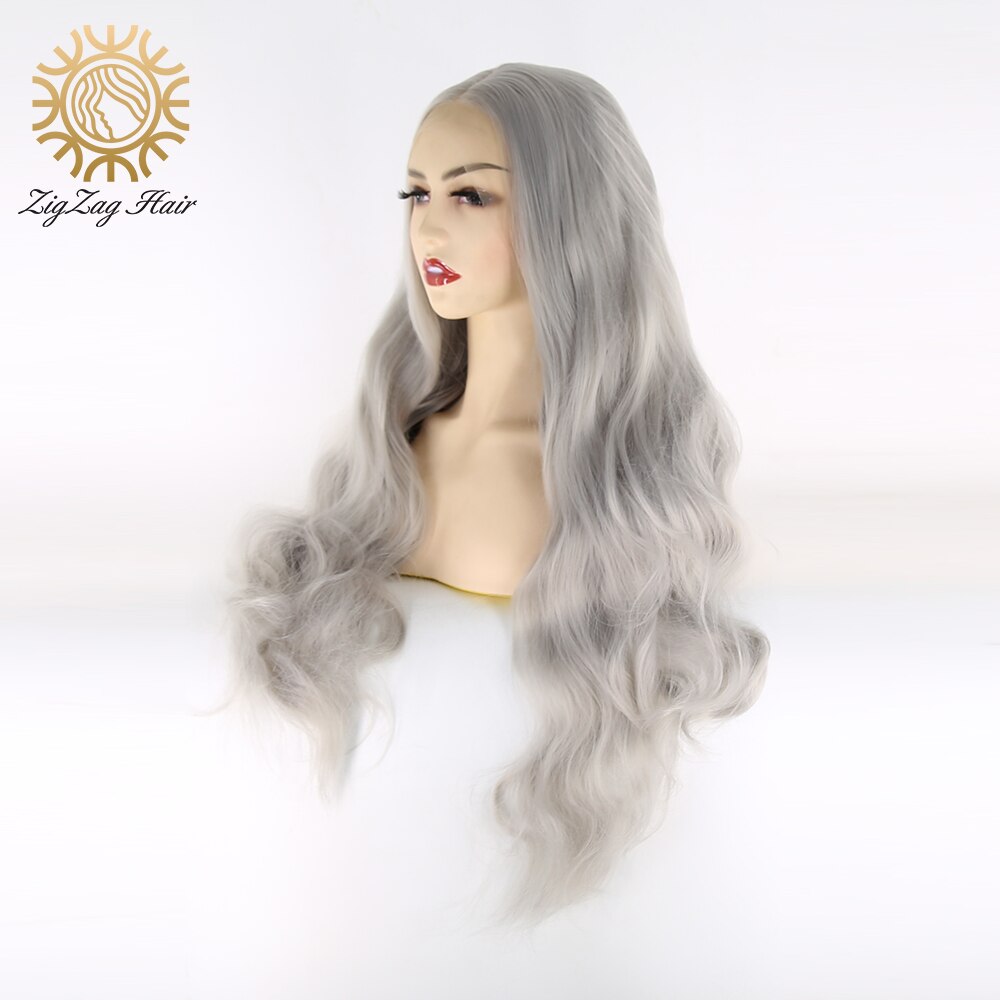 Zigzag Silver Grey Body Wave Synthetische Lace Front Pruik Voor Witte Vrouwen Lange Middelste Deel Pruik Natuurlijke Haarlijn Hittebestendige fiber