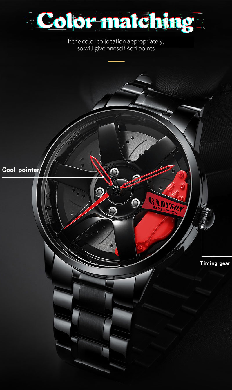 Auto Velg Hub Quartz Horloge Mannen Luxe Zwart Rood Groen Rvs Horloges Man Horloge Mannelijke Skeleton Dial Cool reloj