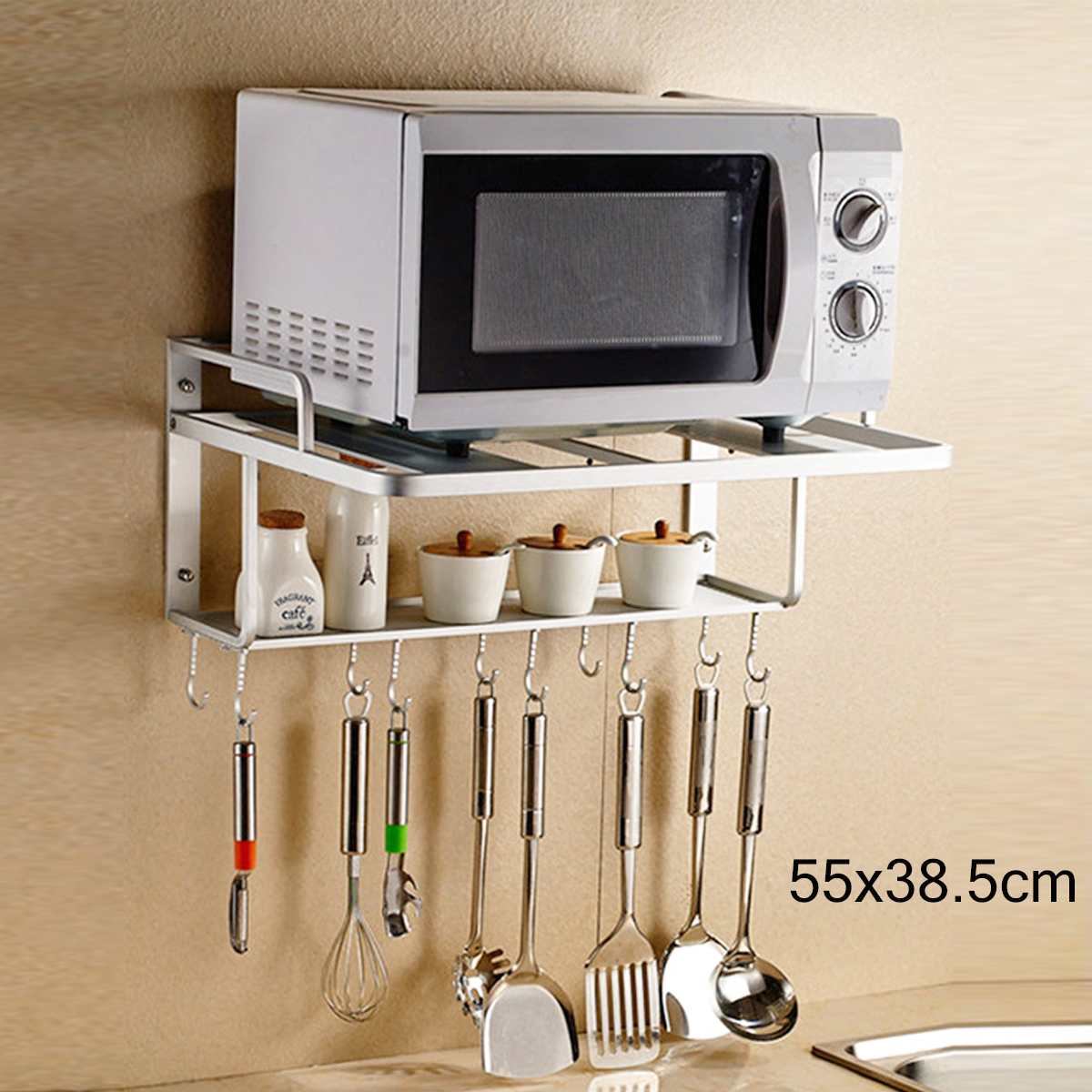 Estante para horno de doble pared antideslizante antióxido, soporte de aluminio para microondas, estante de almacenaje para cocina con gancho de suministro de cocina