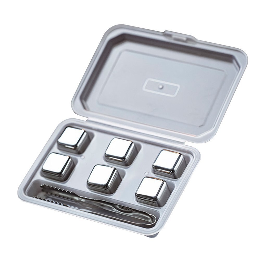 Whisky Stones Ice Cubes Set Reusable Food Grade Stainless Steel Wine Cooling Cube Chilling Rock Party Bar Tool With Clip: 6pcs