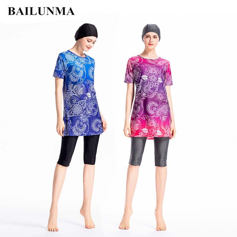 BAILUNMA Moslim Badmode Vrouwen Islamitische Bescheiden Korte Mouw Broek Burkinis Moslim Badmode Maillot de bain femme Badpak M083