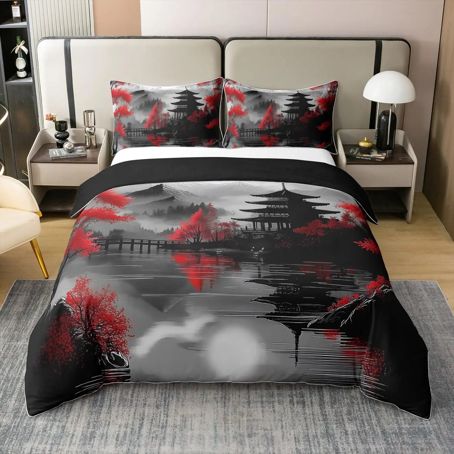 Japanese Building Duvet Cover Sets for Teens Queen Size Quilt Covers Lightweight Down 2 Pillowcases 1 Duvet Cover No Comforter: Queen / MULTI