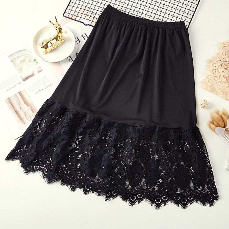 Women Skirt Extender Knee Lace Slip Hollow Length A-Line Half Extenders: black